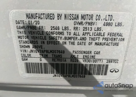 2020 Infiniti Q50 Luxe z USA, uszkodzony, nr VIN JN1EV7AP8LM207649